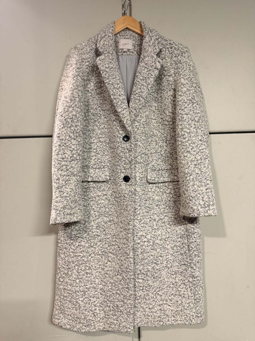 LOFT Black and White Boucle Tweed Two Button Long Coat